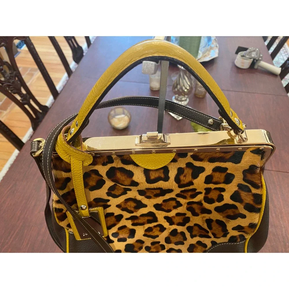 Claudia‎ Firenze Leopard Calf Hair Leather Satchel Bag Yellow Trim Made in Italy
